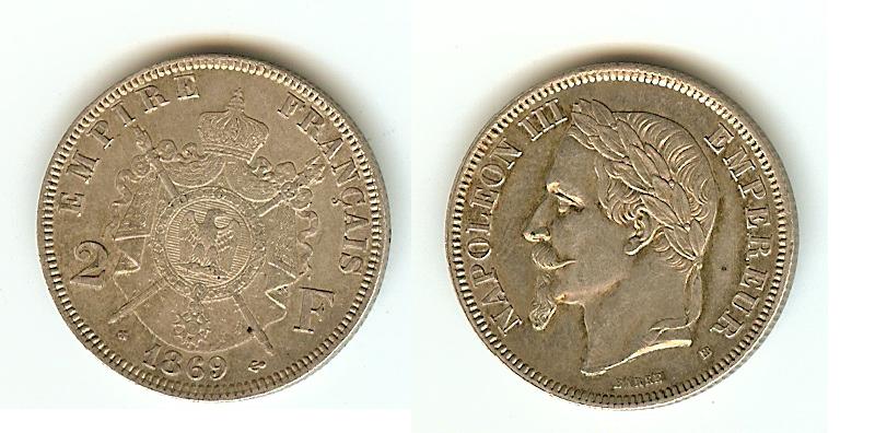 2 francs Napoléon III, tête laurée 1869 Strasbourg SPL-